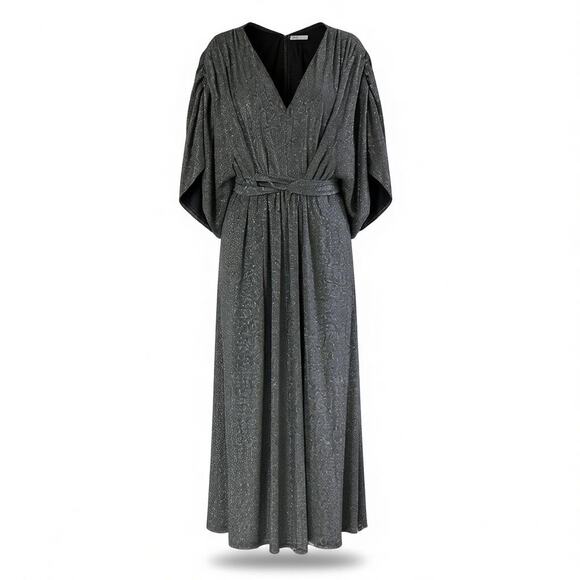 Ellos Metallic Silver Glitter Maxi Dress Kimono Sleeve Belted V Neck 1X 22/24 - Picture 9 of 9